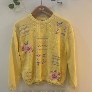 Springtime Yellow Floral Cotton Knit Sweater with Colorful Embroidery
